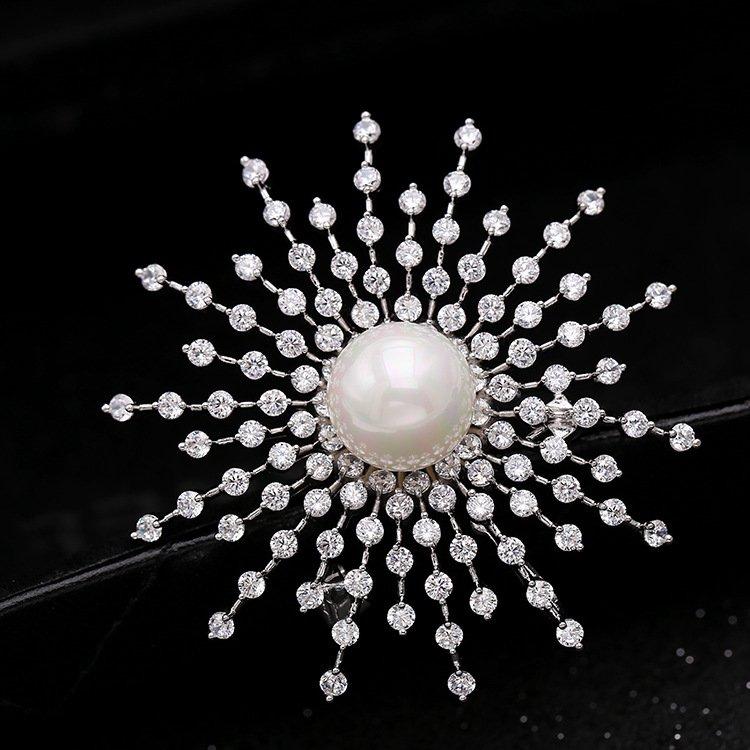 Korean version of light luxury brooch, women's sky full of stars, snowflakes, zircon, pearls, chest flowers, super sparkling rhinestones, coat, sweater, brooch, clothing accessories