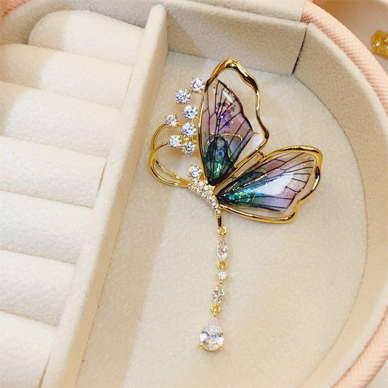 Light luxury cicada wing butterfly brooch, high-end tassel droplet shaped pendant, insect chest flower brooch, high-end temperament, collar stud post