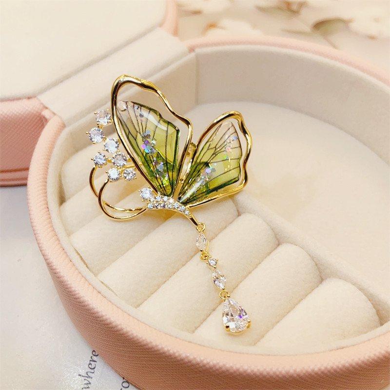 Light luxury cicada wing butterfly brooch, high-end tassel droplet shaped pendant, insect chest flower brooch, high-end temperament, collar stud post