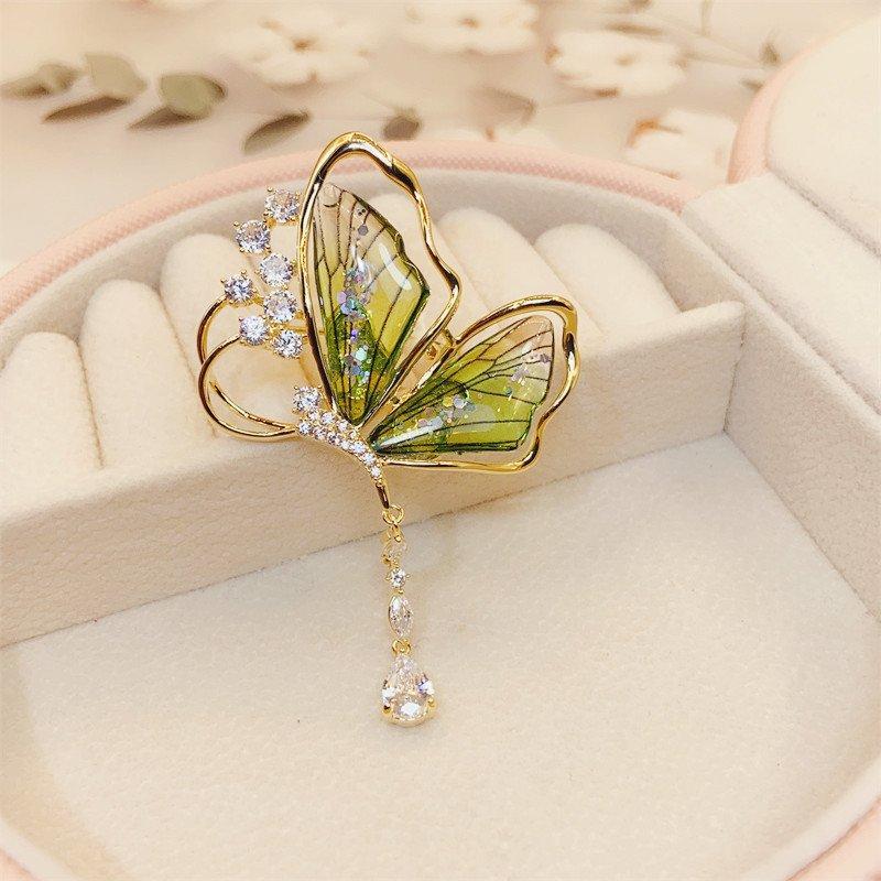 Light luxury cicada wing butterfly brooch, high-end tassel droplet shaped pendant, insect chest flower brooch, high-end temperament, collar stud post