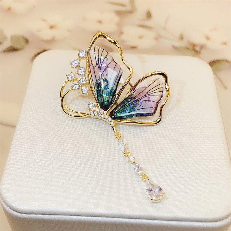 Light luxury cicada wing butterfly brooch, high-end tassel droplet shaped pendant, insect chest flower brooch, high-end temperament, collar stud post