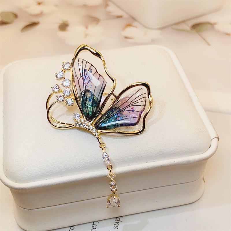 Light luxury cicada wing butterfly brooch, high-end tassel droplet shaped pendant, insect chest flower brooch, high-end temperament, collar stud post