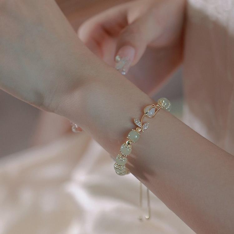 Natural Hotan Jade Bracelet Women's 2024 New Style Antique Tulip Flower Bracelet About Temperament Versatile Handwear Fashion