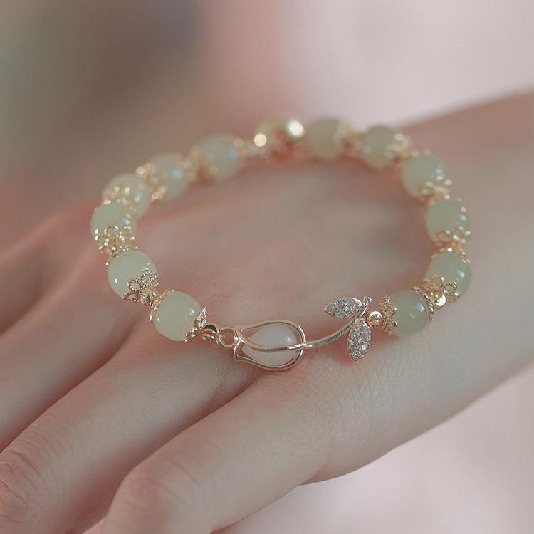 Natural Hotan Jade Bracelet Women's 2024 New Style Antique Tulip Flower Bracelet About Temperament Versatile Handwear Fashion