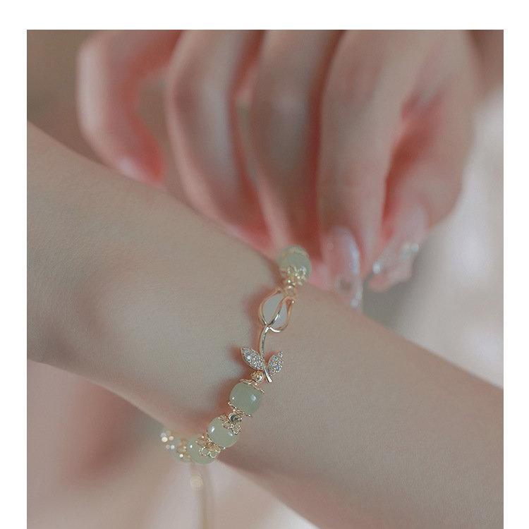 Natural Hotan Jade Bracelet Women's 2024 New Style Antique Tulip Flower Bracelet About Temperament Versatile Handwear Fashion