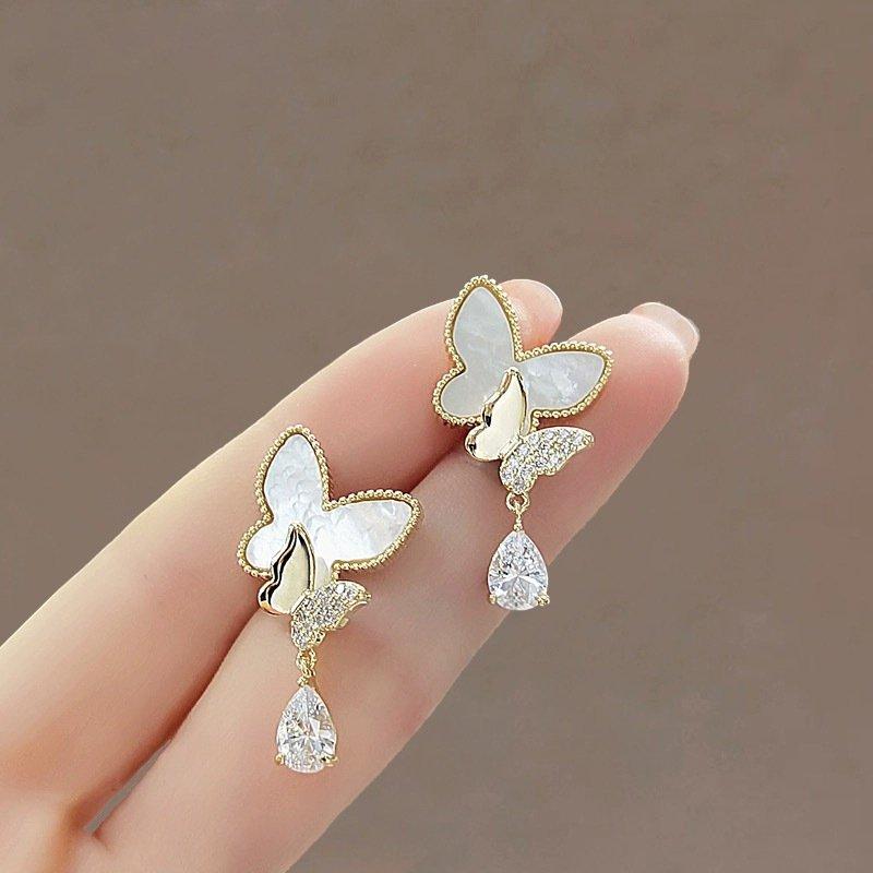 New Butterfly Shell Zircon Earrings S925 Silver stud post Earrings Women's Korean Style Fashion Hundred Water Drop Pendant Earrings