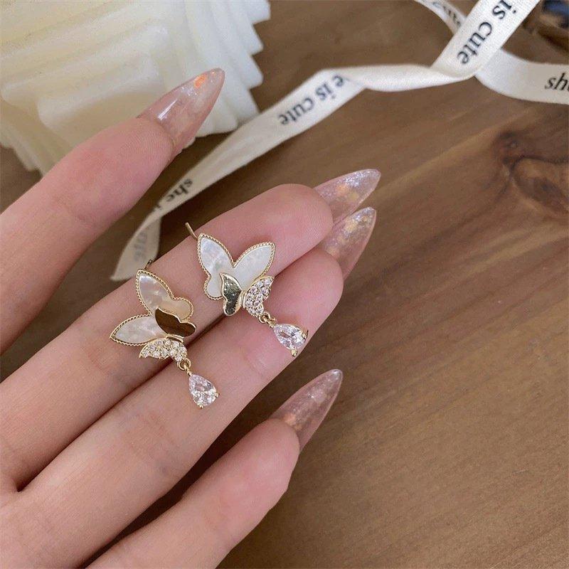 New Butterfly Shell Zircon Earrings S925 Silver stud post Earrings Women's Korean Style Fashion Hundred Water Drop Pendant Earrings