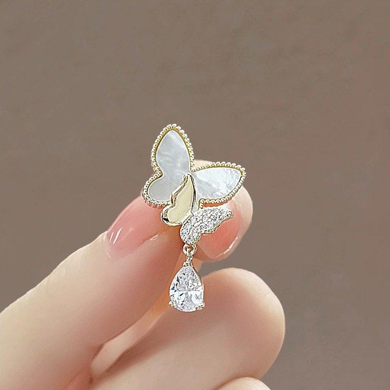 New Butterfly Shell Zircon Earrings S925 Silver stud post Earrings Women's Korean Style Fashion Hundred Water Drop Pendant Earrings