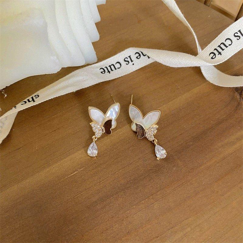 New Butterfly Shell Zircon Earrings S925 Silver stud post Earrings Women's Korean Style Fashion Hundred Water Drop Pendant Earrings