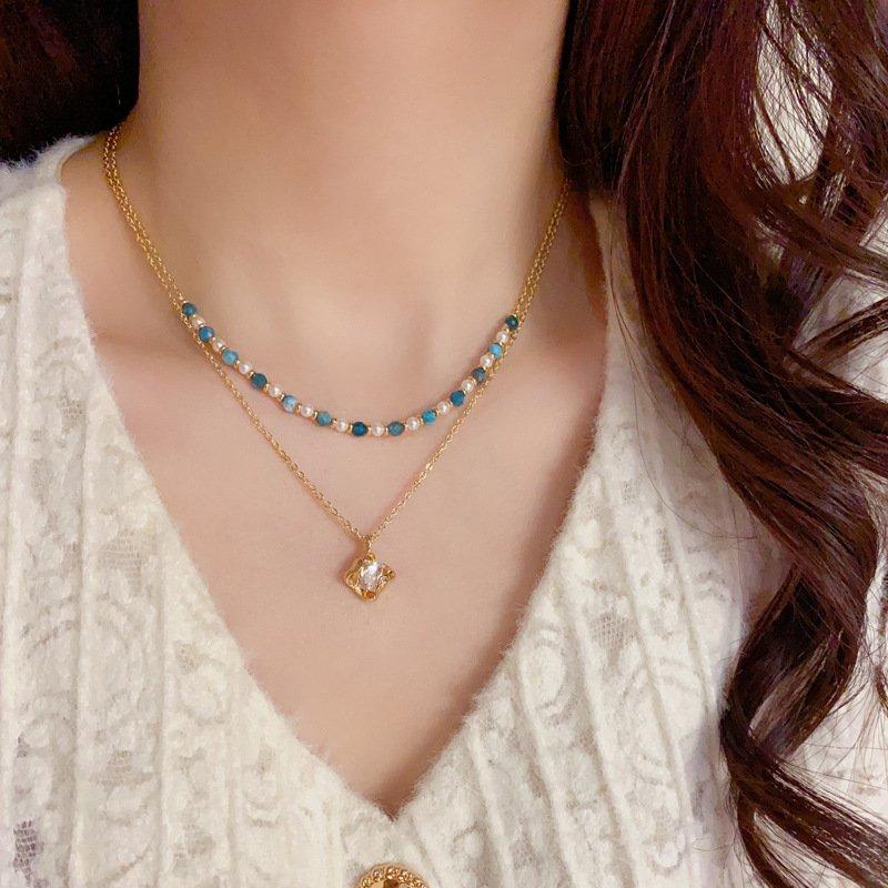 New Chinese style ancient style colorful bead necklace, niche, light luxury, fashionable, versatile, double-layer stacked collarbone chain, women's clothing accessories