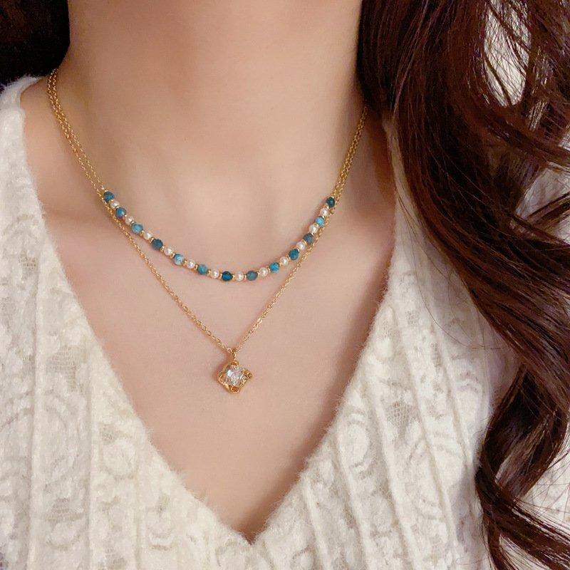 New Chinese style ancient style colorful bead necklace, niche, light luxury, fashionable, versatile, double-layer stacked collarbone chain, women's clothing accessories