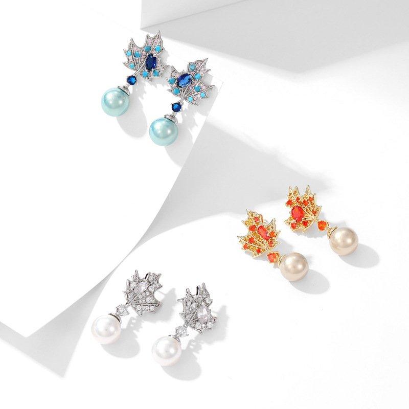 Retro Maple Leaf Pearl Earrings with S925 Sterling Silver Stud Posts, Anti-Allergy Long Crystal Elegant Trendy Earrings