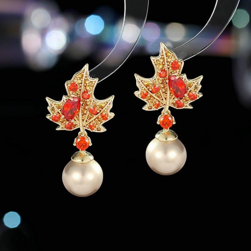 Retro Maple Leaf Pearl Earrings with S925 Sterling Silver Stud Posts, Anti-Allergy Long Crystal Elegant Trendy Earrings