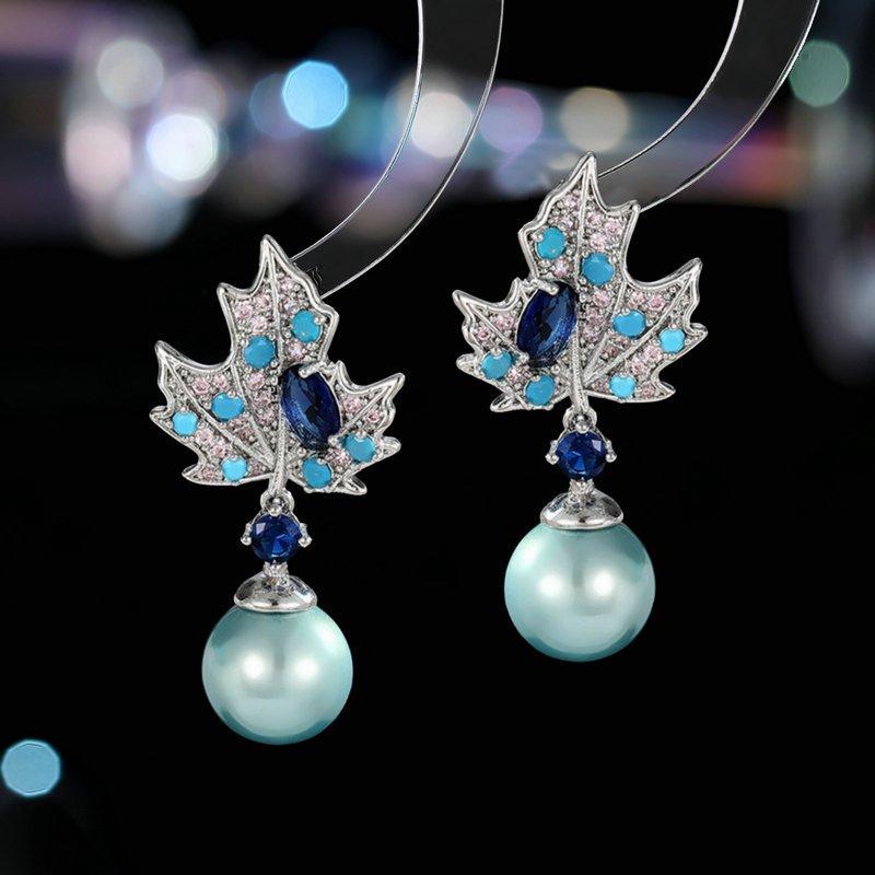 Retro Maple Leaf Pearl Earrings with S925 Sterling Silver Stud Posts, Anti-Allergy Long Crystal Elegant Trendy Earrings