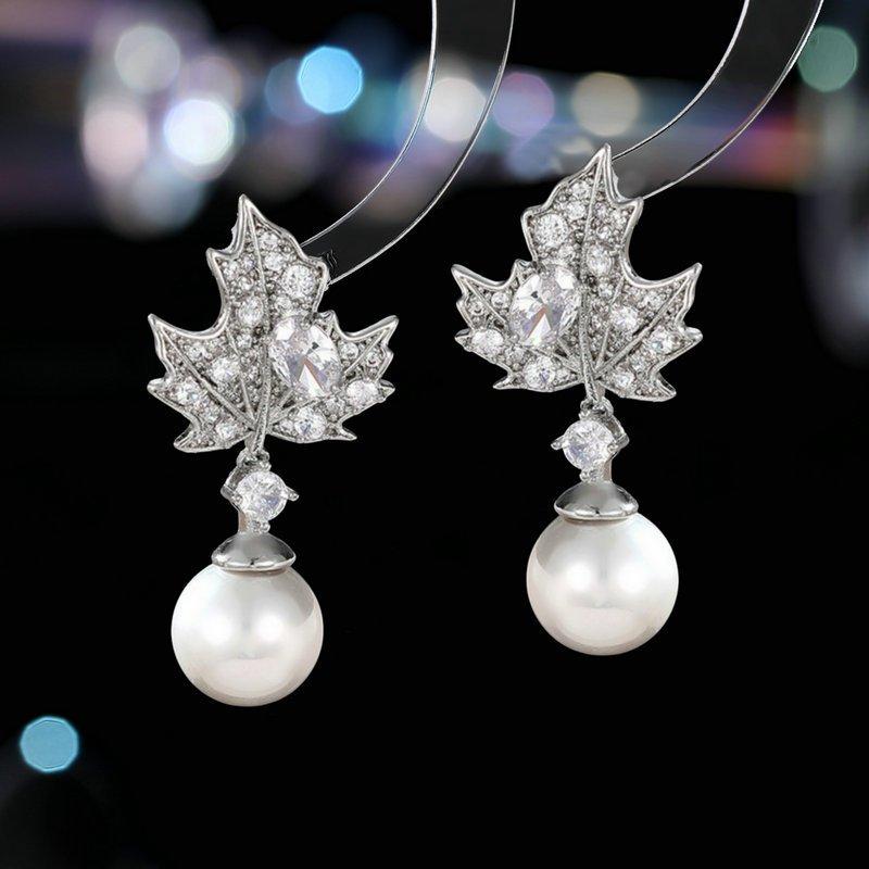 Retro Maple Leaf Pearl Earrings with S925 Sterling Silver Stud Posts, Anti-Allergy Long Crystal Elegant Trendy Earrings