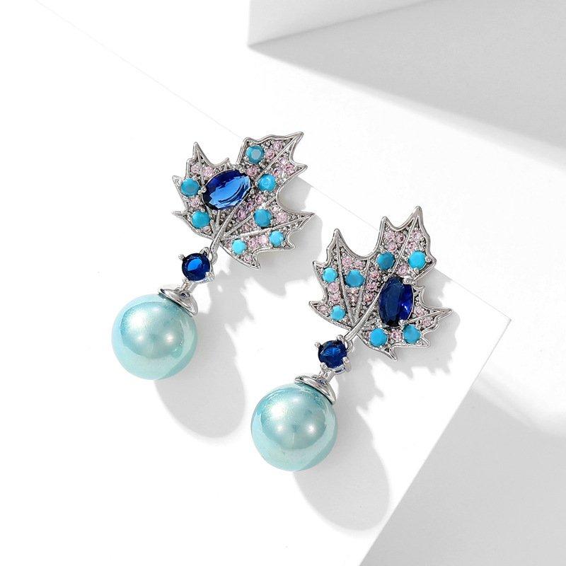 Retro Maple Leaf Pearl Earrings with S925 Sterling Silver Stud Posts, Anti-Allergy Long Crystal Elegant Trendy Earrings