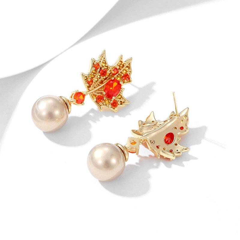 Retro Maple Leaf Pearl Earrings with S925 Sterling Silver Stud Posts, Anti-Allergy Long Crystal Elegant Trendy Earrings