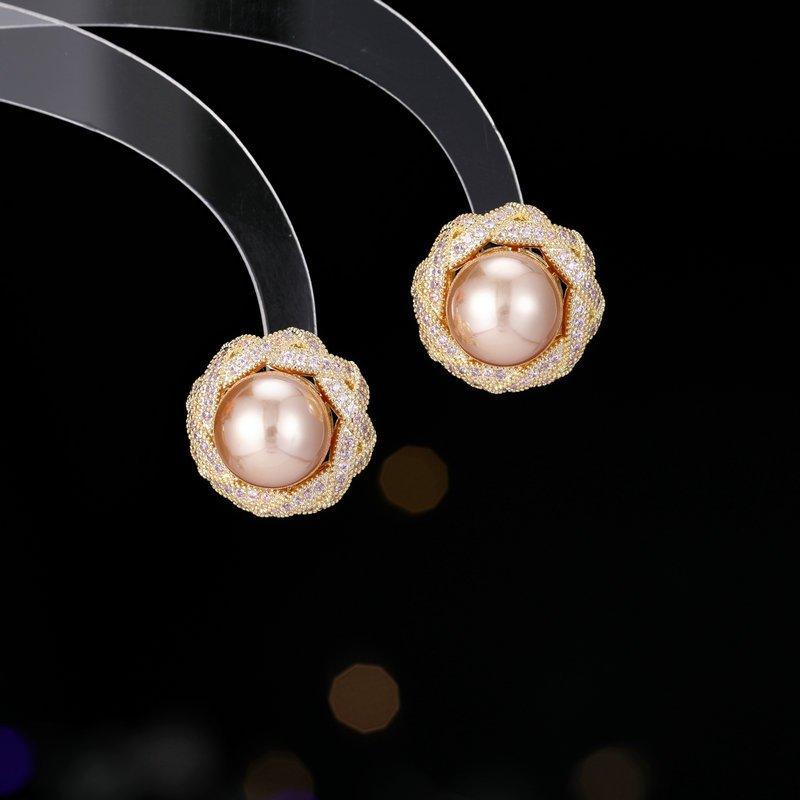 S925 silver stud post elegant temperament high-end earrings design sense interwoven lines light luxury high-end feeling zircon pearl earrings