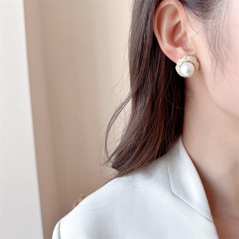 S925 silver stud post elegant temperament high-end earrings design sense interwoven lines light luxury high-end feeling zircon pearl earrings