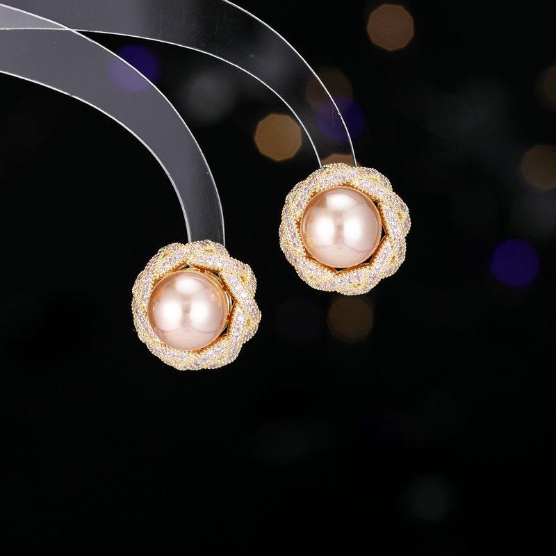 S925 silver stud post elegant temperament high-end earrings design sense interwoven lines light luxury high-end feeling zircon pearl earrings