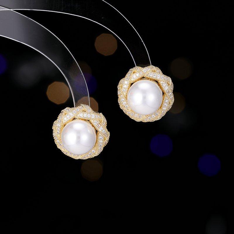 S925 silver stud post elegant temperament high-end earrings design sense interwoven lines light luxury high-end feeling zircon pearl earrings