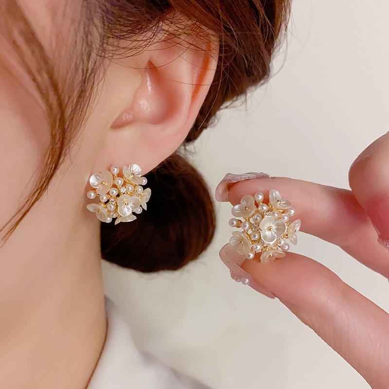 S925 silver stud post flower ball embroidered ball flower petals sweet earrings temperament fairy niche light luxury earrings earrings trendy