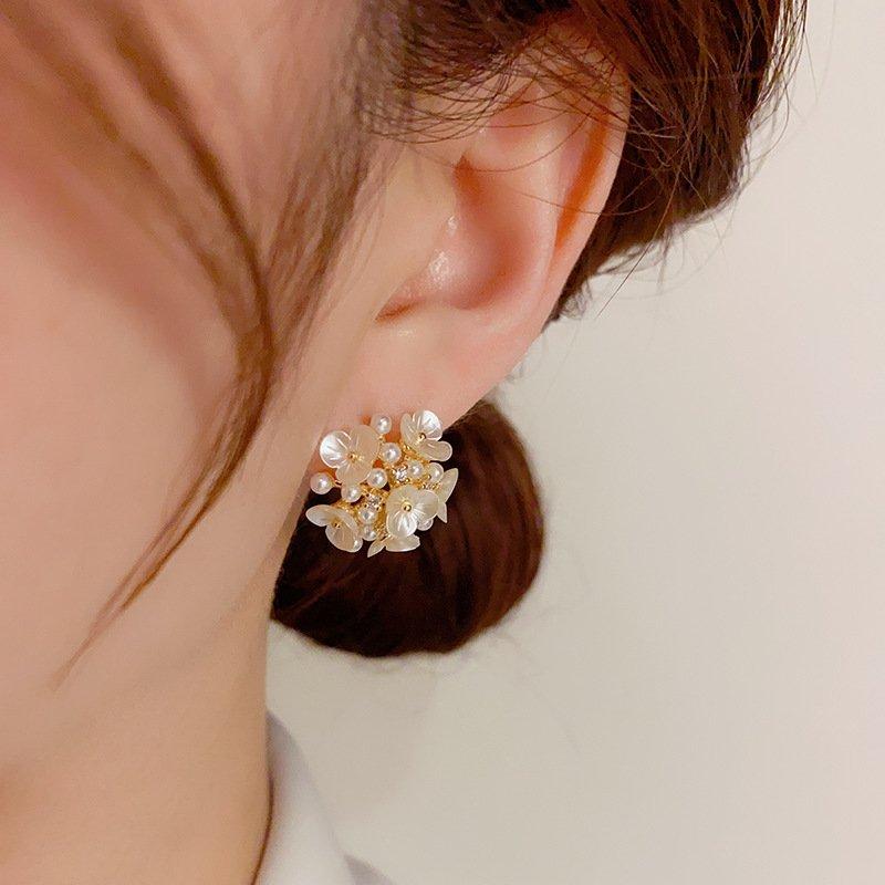 S925 silver stud post flower ball embroidered ball flower petals sweet earrings temperament fairy niche light luxury earrings earrings trendy