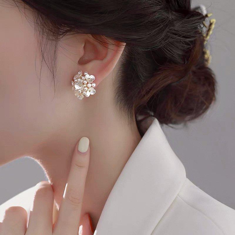 S925 silver stud post flower ball embroidered ball flower petals sweet earrings temperament fairy niche light luxury earrings earrings trendy