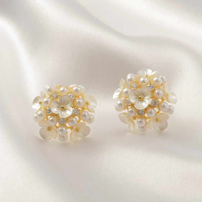 S925 silver stud post flower ball embroidered ball flower petals sweet earrings temperament fairy niche light luxury earrings earrings trendy