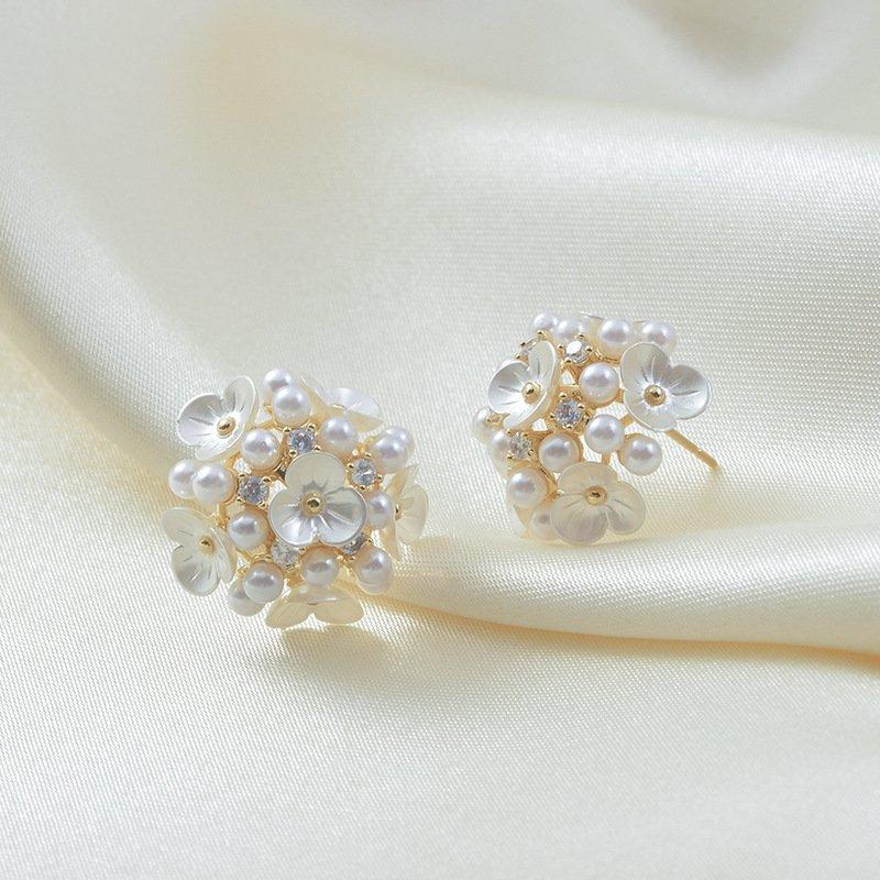 S925 silver stud post flower ball embroidered ball flower petals sweet earrings temperament fairy niche light luxury earrings earrings trendy