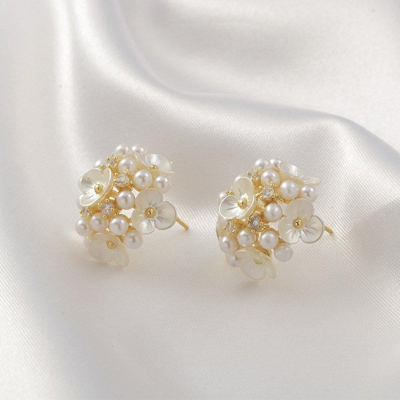 S925 silver stud post flower ball embroidered ball flower petals sweet earrings temperament fairy niche light luxury earrings earrings trendy