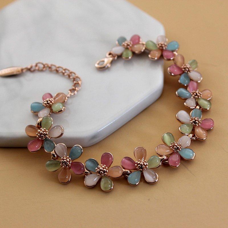 Small Fresh Plant Flower Bracelet Korean Version Sweet Colored Cat Eye Stone Bracelet Rose Gold Flower Bracelet