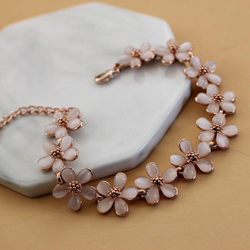 Small Fresh Plant Flower Bracelet Korean Version Sweet Colored Cat Eye Stone Bracelet Rose Gold Flower Bracelet