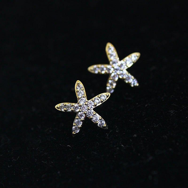 Starfish earrings for women, 925 sterling silver stud post forest series star anti allergy earrings, small and versatile rhinestone earrings decoration for women