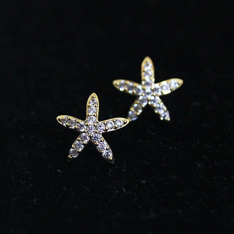 Starfish earrings for women, 925 sterling silver stud post forest series star anti allergy earrings, small and versatile rhinestone earrings decoration for women