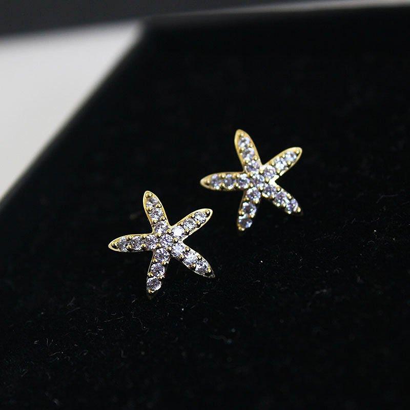 Starfish earrings for women, 925 sterling silver stud post forest series star anti allergy earrings, small and versatile rhinestone earrings decoration for women