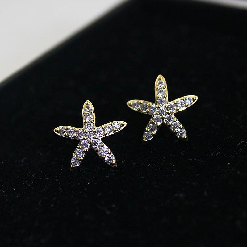 Starfish earrings for women, 925 sterling silver stud post forest series star anti allergy earrings, small and versatile rhinestone earrings decoration for women