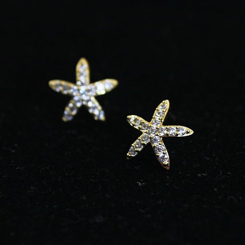 Starfish earrings for women, 925 sterling silver stud post forest series star anti allergy earrings, small and versatile rhinestone earrings decoration for women