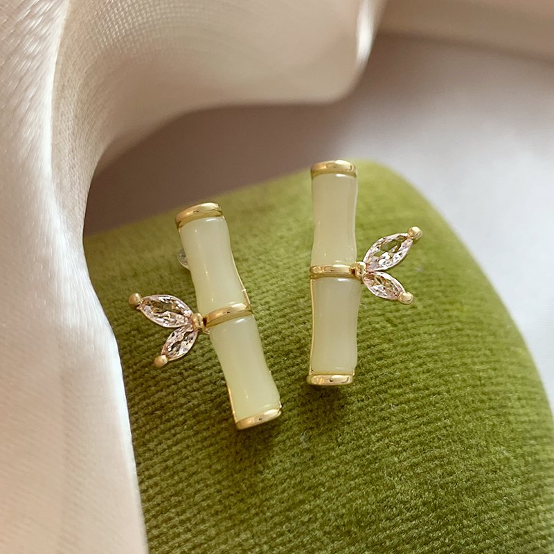 Bamboo zircon earrings, women's light luxury high-end earrings, niche and unique ear accessories, 2024 new popular item