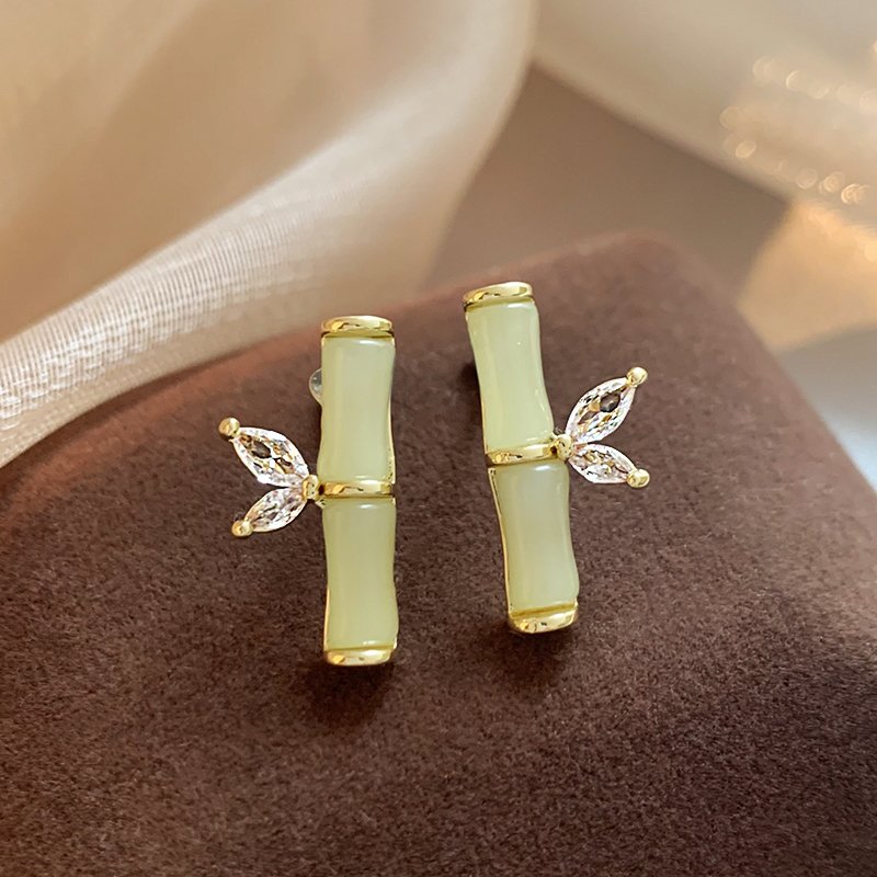 Bamboo zircon earrings, women's light luxury high-end earrings, niche and unique ear accessories, 2024 new popular item