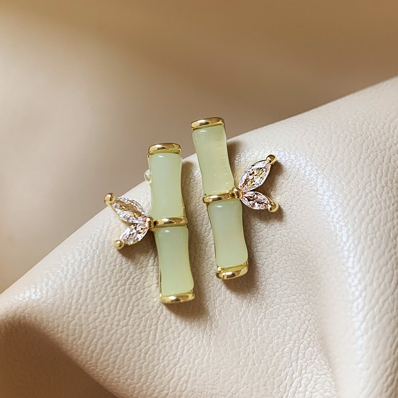 Bamboo zircon earrings, women's light luxury high-end earrings, niche and unique ear accessories, 2024 new popular item