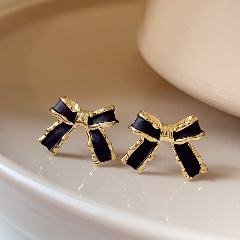 Black bow earrings for women 2024 new popular high-end earrings light luxury niche earrings 925 silver ear stud posts