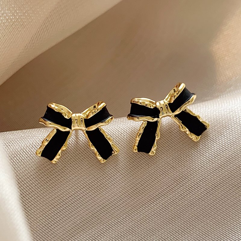 Black bow earrings for women 2024 new popular high-end earrings light luxury niche earrings 925 silver ear stud posts