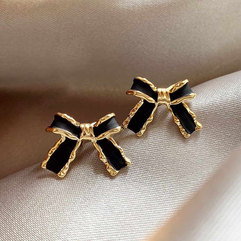 Black bow earrings for women 2024 new popular high-end earrings light luxury niche earrings 925 silver ear stud posts