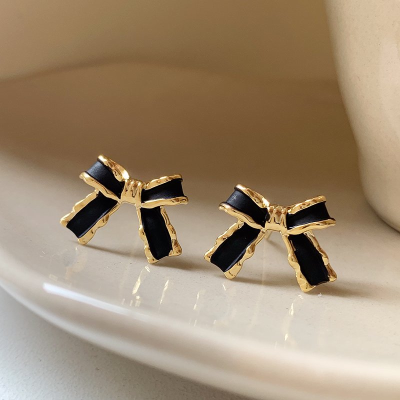 Black bow earrings for women 2024 new popular high-end earrings light luxury niche earrings 925 silver ear stud posts