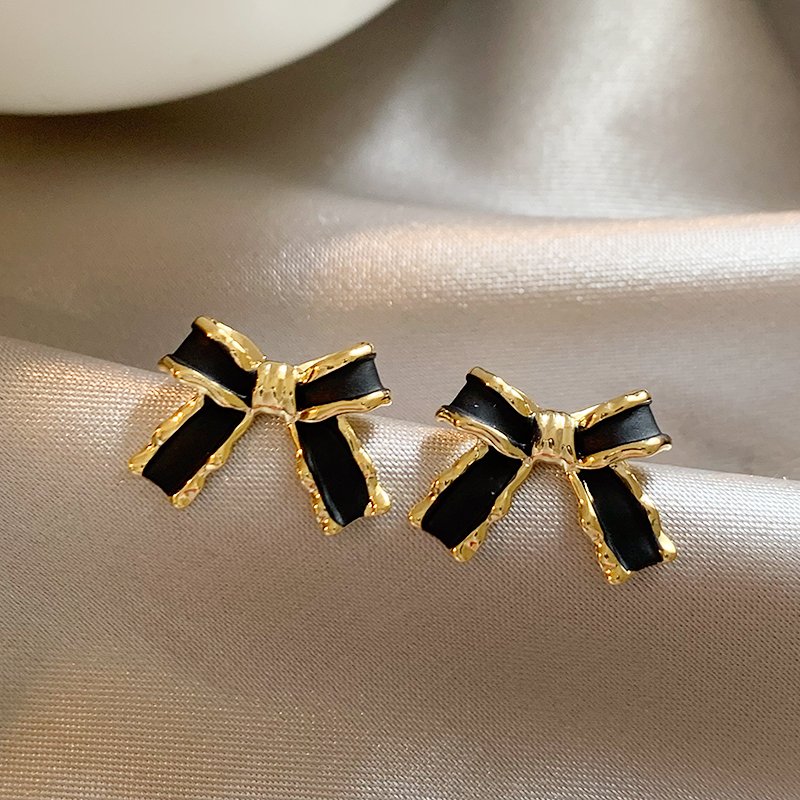 Black bow earrings for women 2024 new popular high-end earrings light luxury niche earrings 925 silver ear stud posts