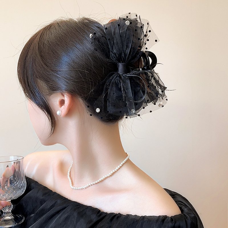 Black lace feather bow clip hair clip for women's back of the head 2024 new high-end shark clip accessory