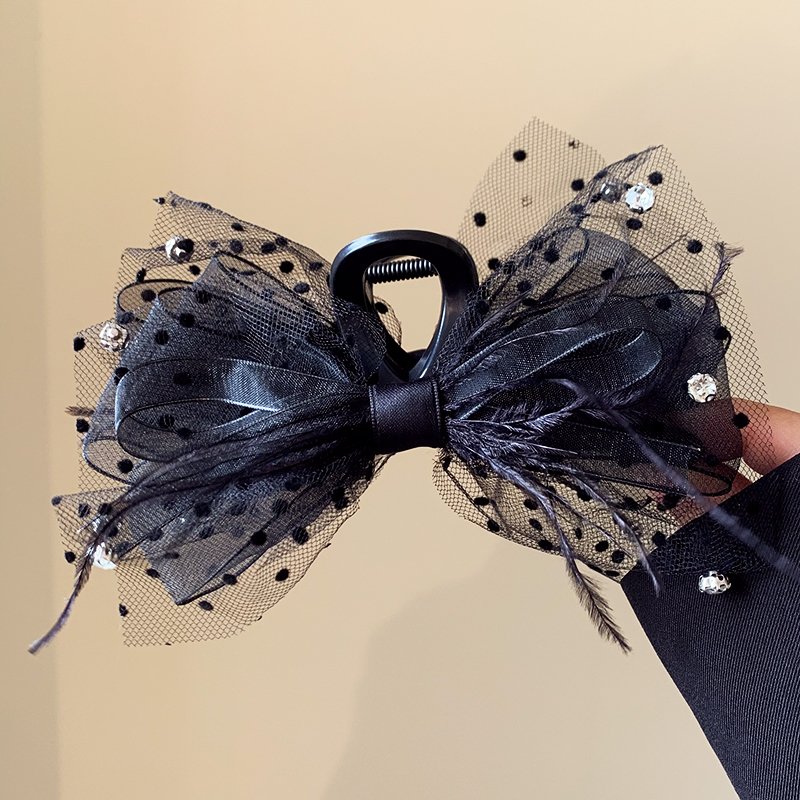 Black lace feather bow clip hair clip for women's back of the head 2024 new high-end shark clip accessory