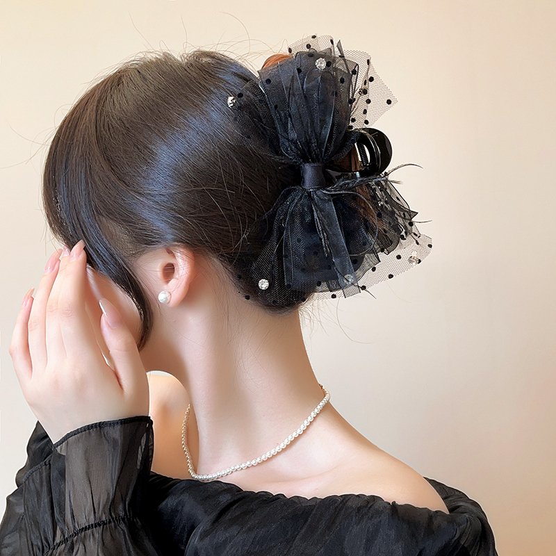 Black lace feather bow clip hair clip for women's back of the head 2024 new high-end shark clip accessory