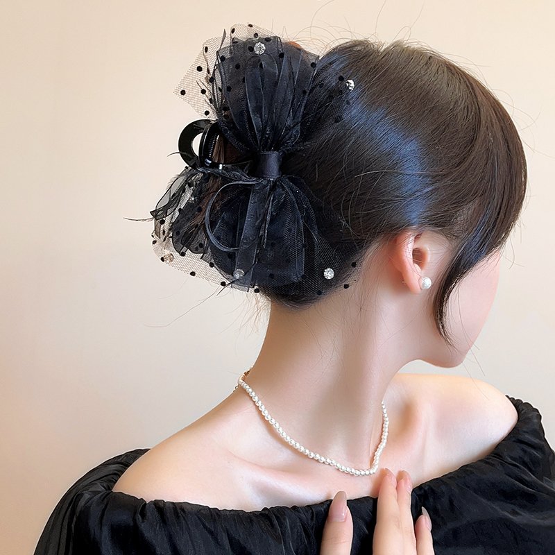 Black lace feather bow clip hair clip for women's back of the head 2024 new high-end shark clip accessory